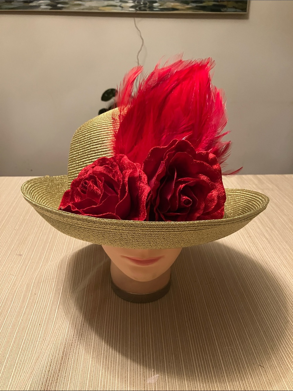 Chic Metallic Gold Hat with Red Velvet Rose & Feather Accent